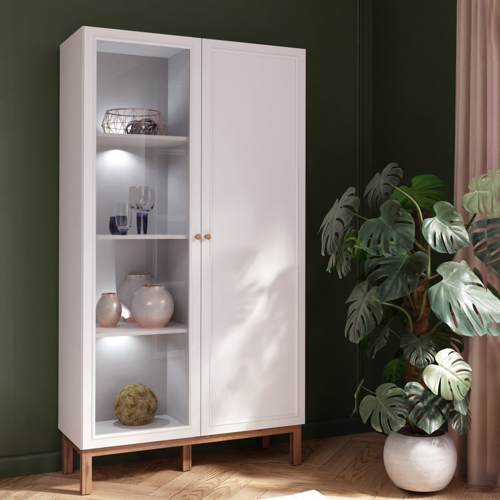 Wensley Display Cabinet with 1 Door and  1 Glass Door in Light Grey and Oak