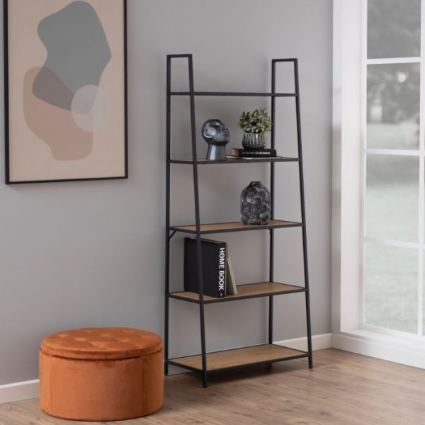 Seaford Black Metal Ladder Bookcase with 5 Oak Shelves | Bed Sava
