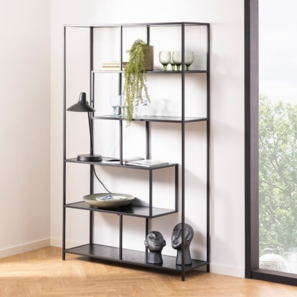 Seaford Black Metal Large Asymmetrical Bookcase with 5 Black Shelves | Bed Sava