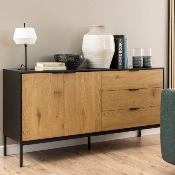 Seaford Sideboard with 2 Doors and 3 Drawers in Black | Bed Sava