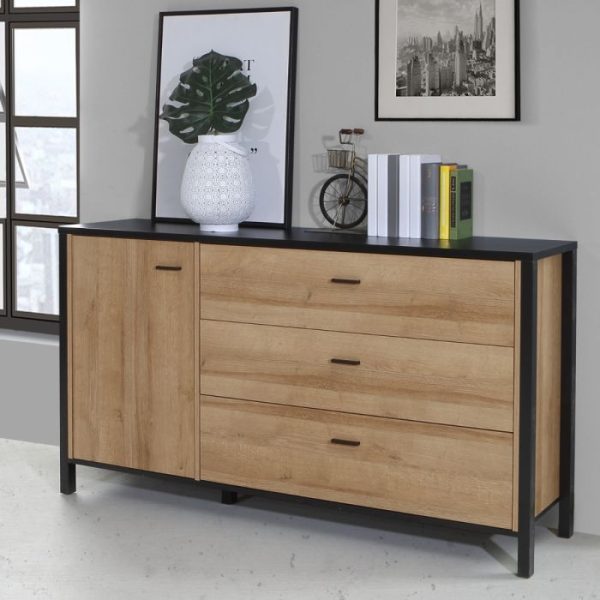 High Rock 1 Door 3 Drawer Sideboard in Matt BlackRiviera Oak | Bed Sava
