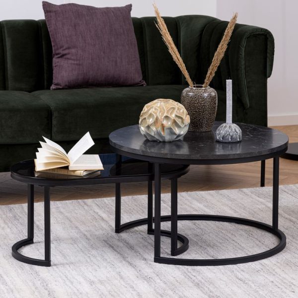 Spiro RoundOval Coffee Table Set with Black MarbleSmoked Melamine Glass Top | Bed Sava