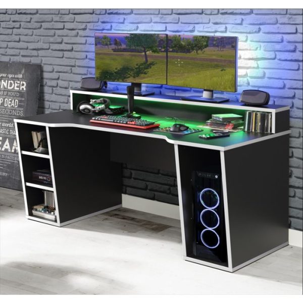 Tezaur Black Gaming Desk with White Trim and Colour Changing LED | Bed Sava