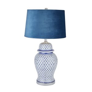 Malabar Blue And White Ceramic Lamp With Blue Velvet Shade | Bed Sava