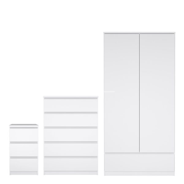 Naia Package  Bedside 3 Drawers + Chest of 5 Drawers + Wardrobe with 2 Doors + 1 Drawer in White High Gloss | Bed Sava