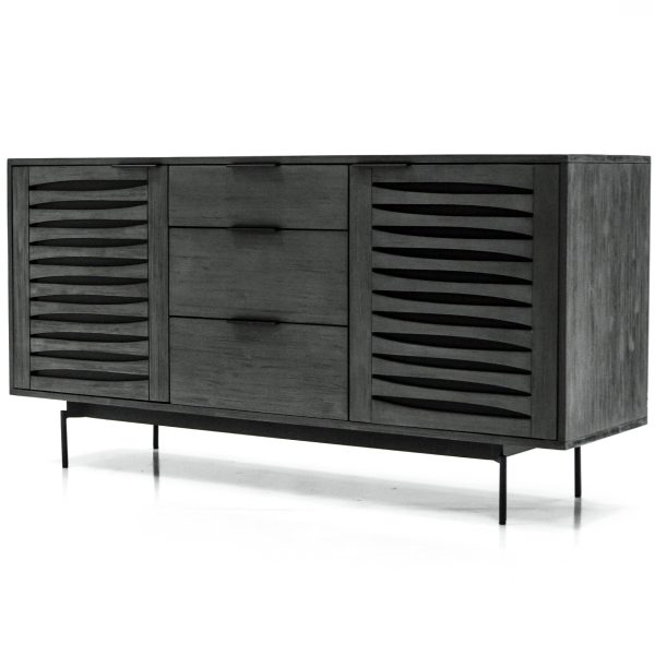 Bronks Black Acacia Buffet Cabinet with Two Doors and Three Drawers | Bed Sava