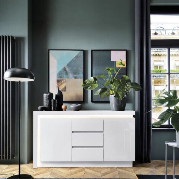 Lyon 2 Door 3 Drawer Sideboard including LED lighting in White and High Gloss | Bed Sava