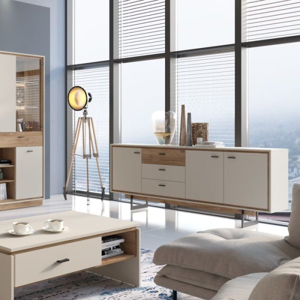 Rivero 3 Door 3 Drawer Wide Sideboard in Grey and Oak | Bed Sava