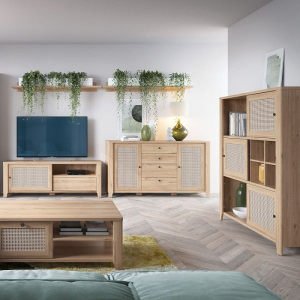 Cestino 2 Door 4 Drawer Sideboard in Jackson Hickory Oak and Rattan Effect | Bed Sava