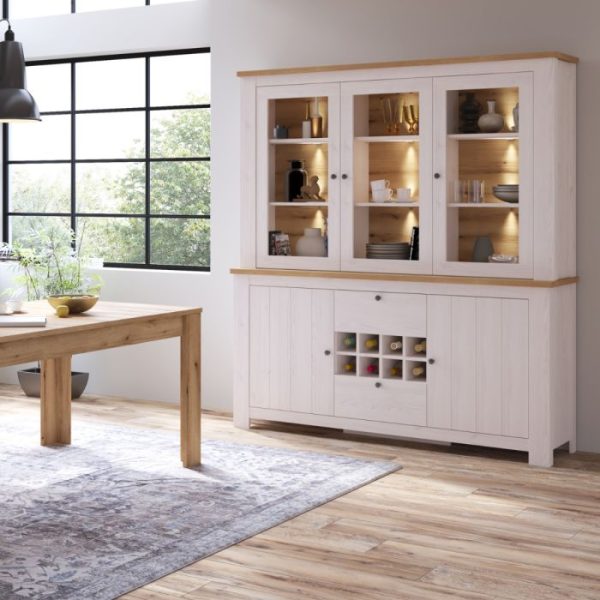 Celesto 2 Door 2 Drawer Sideboard with 3 Door Display Top Unit in White and Oak | Bed Sava
