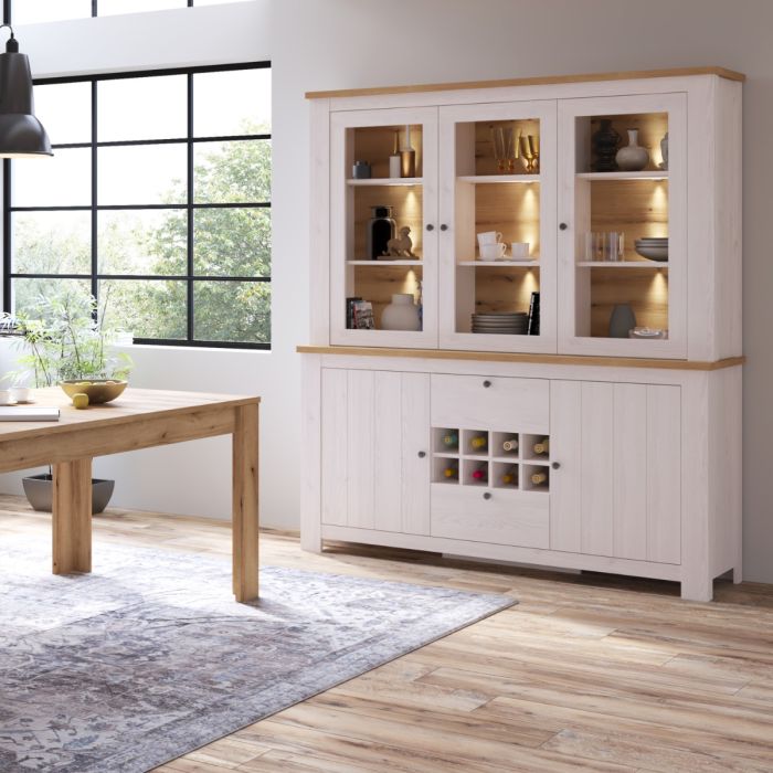 Celesto 2 Door 2 Drawer Sideboard with 3 Door Display Top Unit in White and Oak