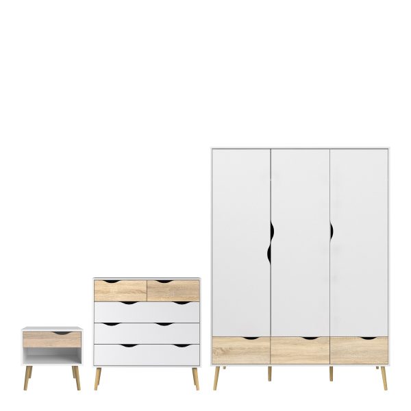 Oslo Package  Bedside 1 Drawer + Chest of 5 Drawers 2+3 + Wardrobe 3 Doors 3 Drawers in White and Oak | Bed Sava