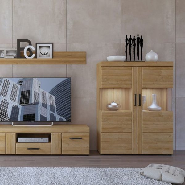 Cortina Low Wide 2 Door Display Cabinet in Grandson Oak | Bed Sava