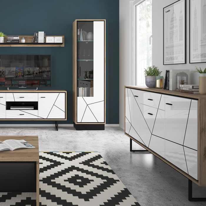 Brolo Tall Glazed Display Cabinet With the Walnut and Dark Panel Finish