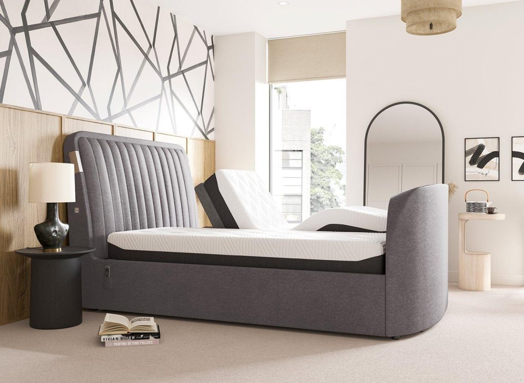 Yokohama Sleepmotion Adjustable Velvet-Finish Dolby Atmos TV Bed Frame - 6'0 Super King - Grey