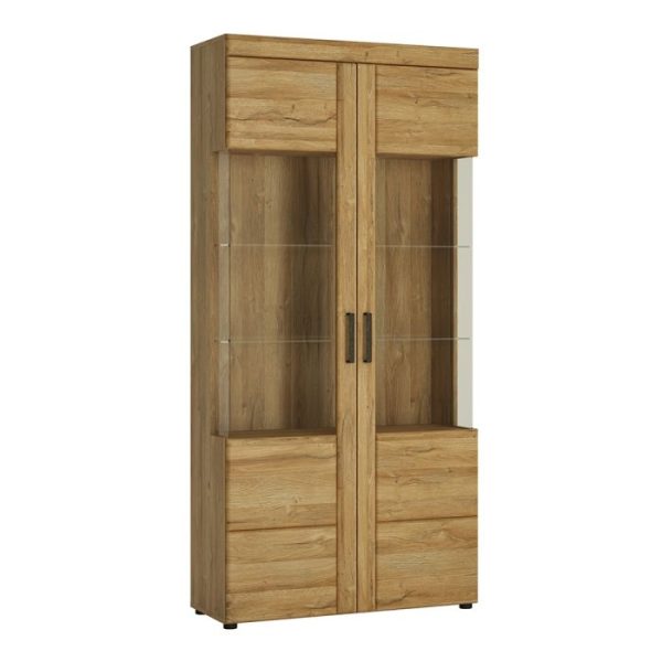 Cortina Tall Wide 2 Door glazed Display Cabinet in Grandson Oak | Bed Sava