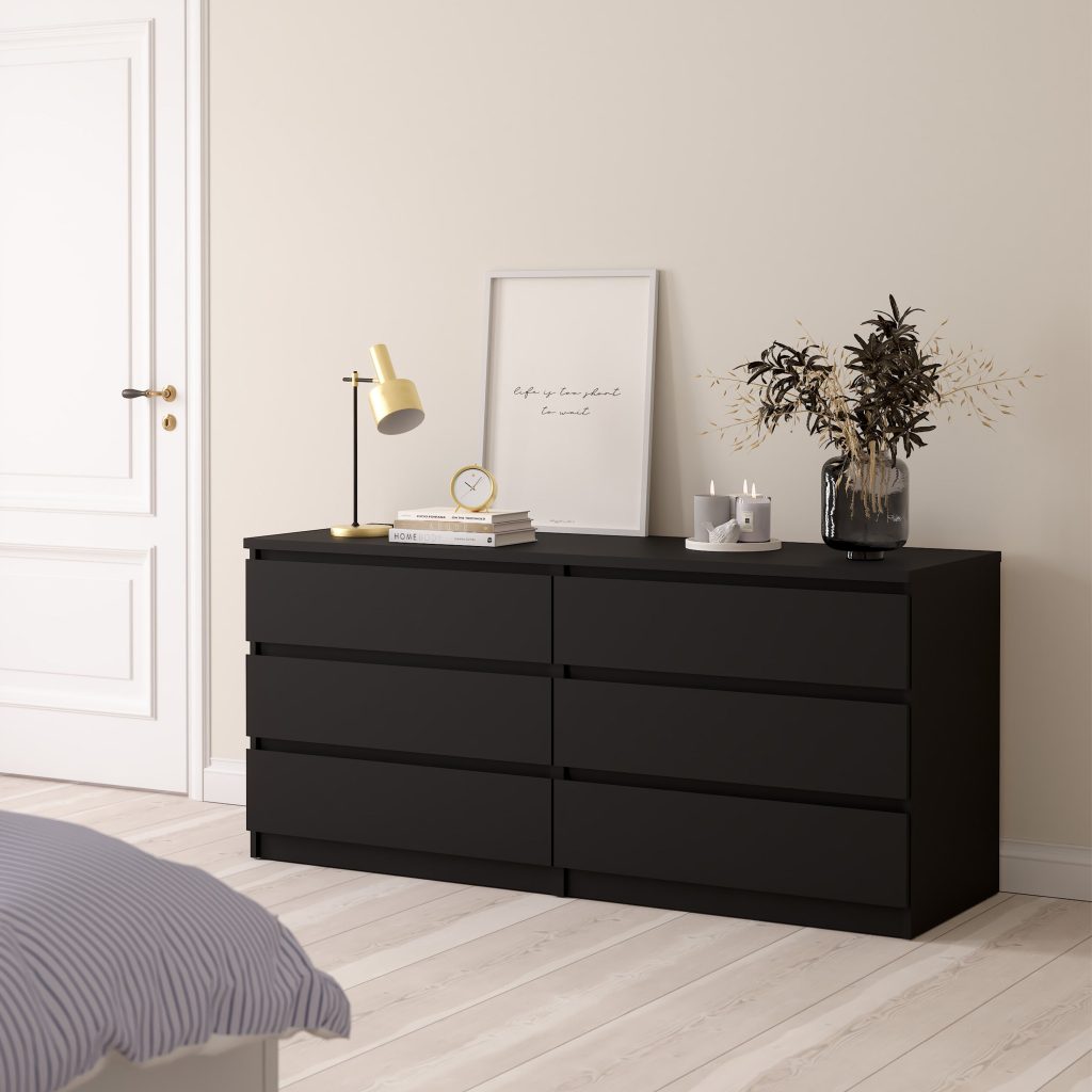 Naia Wide Chest of 6 Drawers (3+3) in Black Matt