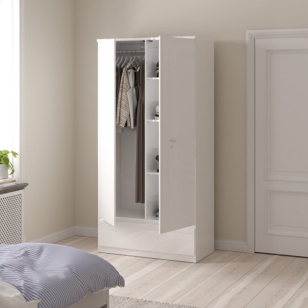 Naia Wardrobe with 2 Doors 1 Drawer in White High Gloss | Bed Sava