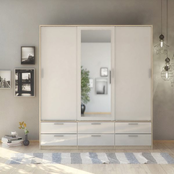 Line Wardrobe 3 Doors 6 Drawers in Oak with White High Gloss | Bed Sava