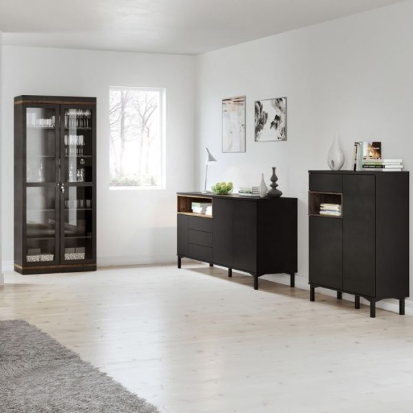 Roomers Sideboard 2 Door 1 Drawer in Black and Walnut | Bed Sava