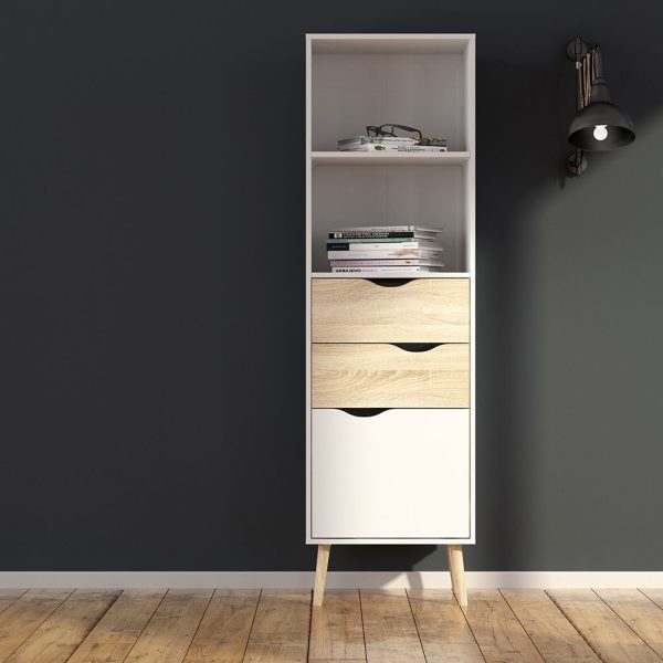 Oslo Bookcase 2 Drawers 1 Door in White and Oak | Bed Sava