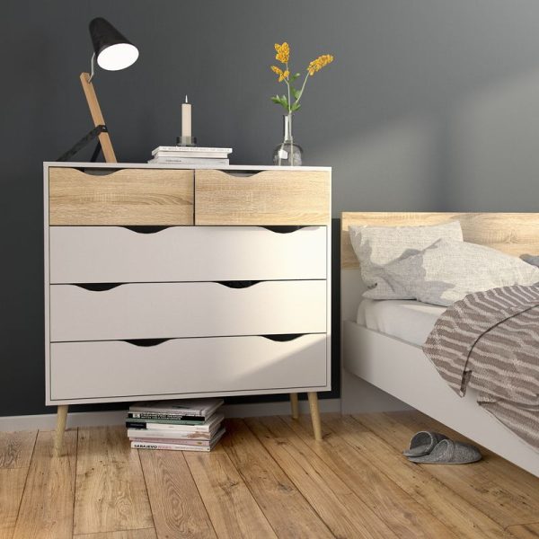 Oslo Chest of 5 Drawers in White and Oak | Bed Sava