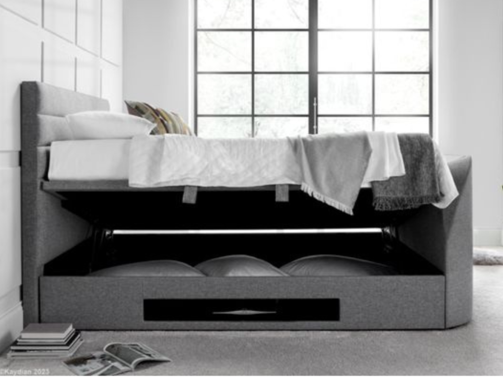 Appleton TV Ottoman Storage Bed Frame with Headboard in Fabric Marbella Grey and Pendleton Slate
