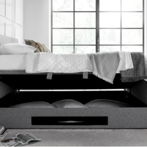 Appleton TV Ottoman Storage Bed Frame with Headboard in Fabric Marbella Grey and Pendleton Slate | Bed Sava