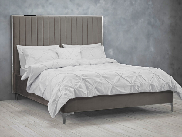 Berkeley Bed Frame Soft Mink Grey Plush Velvet with Headboard | Bed Sava