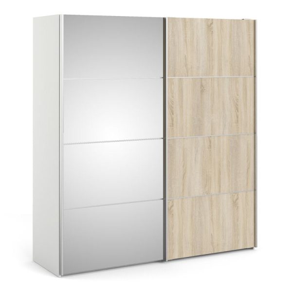 Verona Sliding Wardrobe 180cm in White with Oak and Mirror Doors with 2 Shelves | Bed Sava