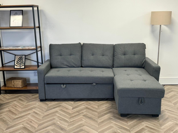 Veronica Pull Out Sofa Bed with Storage Universal Left and Right Facing Linen Fabric Grey | Bed Sava