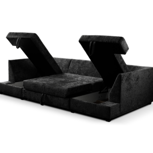 Meridian U Shape Corner Sofa Bed with Storage in Black Alaska Chenille | Bed Sava