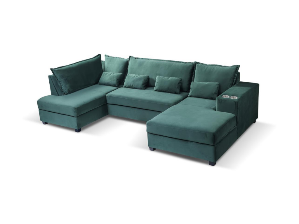 Moderno U Shape Pull Out Sofa Bed with Storage Cupholders and USB Port in Plush Velvet
