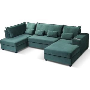 Moderno U Shape Pull Out Sofa Bed with Storage Cupholders and USB Port in Plush Velvet | Bed Sava