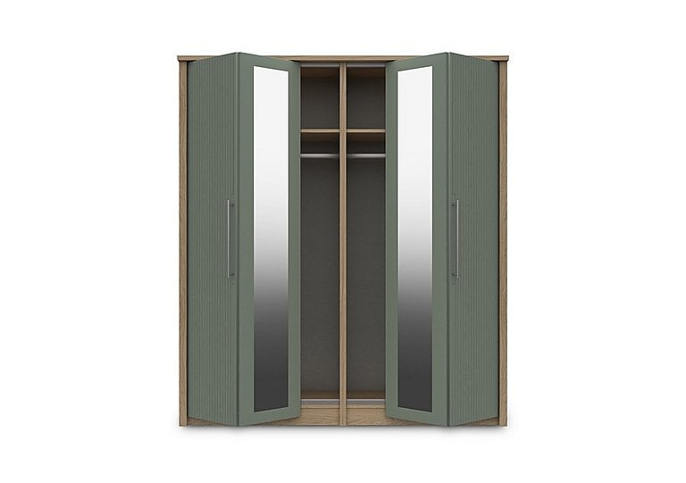 London Bedrooms  Chelsea 4 Door Bifold Wardrobe with 2 Mirror Doors and Silver Handles | Bed Sava