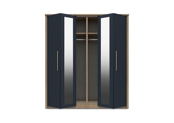 London Bedrooms  Chelsea 4 Door Bifold Wardrobe with 2 Mirror Doors and Gold Handles  Royal Blue | Bed Sava