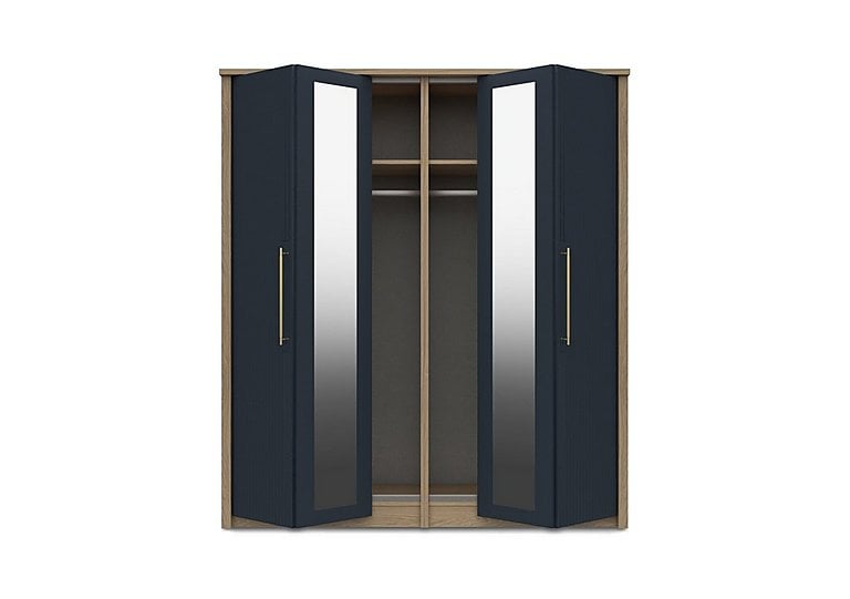 London Bedrooms  Chelsea 4 Door Bifold Wardrobe with 2 Mirror Doors and Gold Handles  Royal Blue | Bed Sava