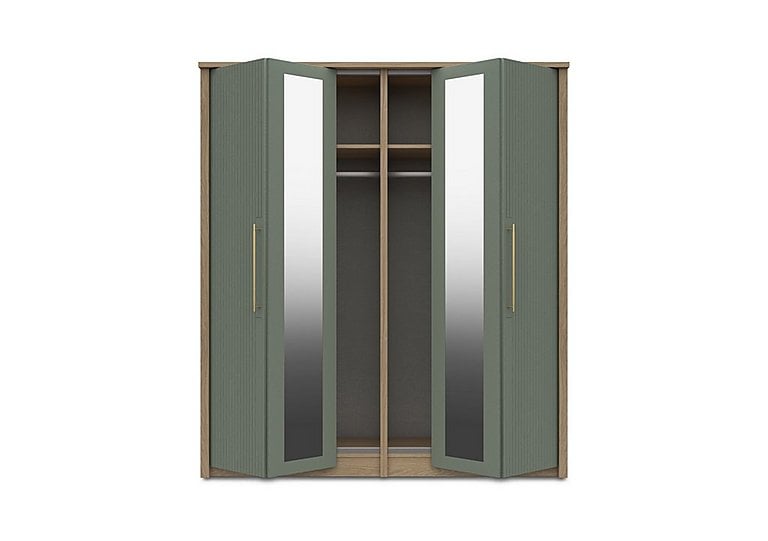 London Bedrooms  Chelsea 4 Door Bifold Wardrobe with 2 Mirror Doors and Gold Handles | Bed Sava