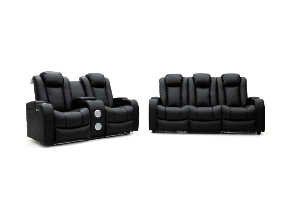 Tech 8 Smart 3+2 Electric Recliner Sofa Set Black Aire Leather