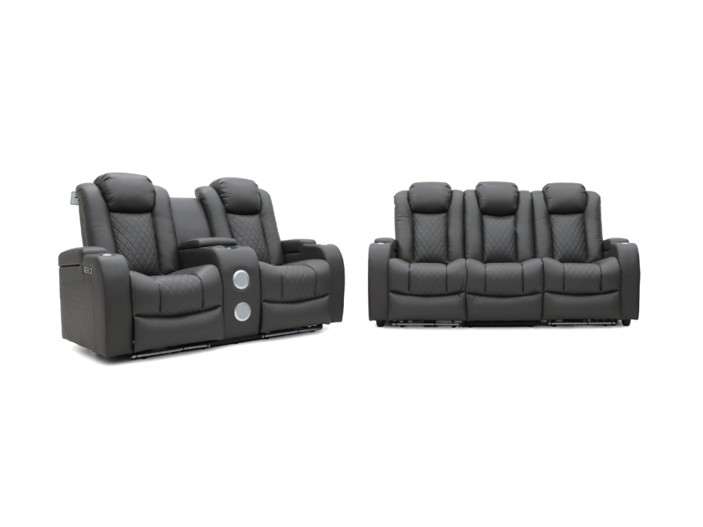 Tech 8 Smart 3+2 Electric Recliner Sofa Set Grey Aire Leather
