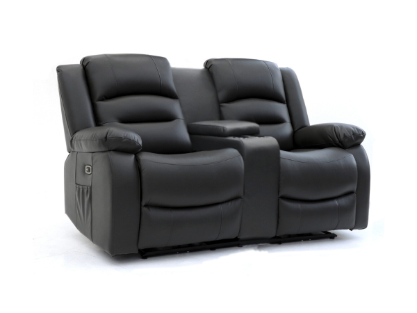 Vinson 2 Seater Electric Recliner Sofa Black Aire Leather with USB Port Drop Down Table and Cupholders | Bed Sava