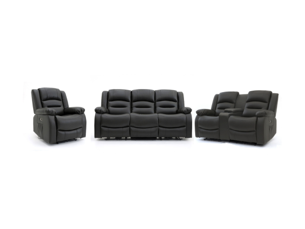 Vinson 3+2+1 Electric Recliner Sofa Set Black Aire Leather with USB Port Drop Down Table and Cupholders | Bed Sava