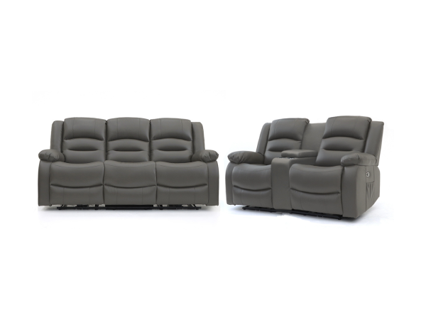 Vinson 3+2 Electric Recliner Sofa Set Grey Aire Leather with USB Port Drop Down Table and Cupholders | Bed Sava