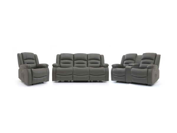 Vinson 3+2+1 Electric Recliner Sofa Set Grey Aire Leather with USB Port Drop Down Table and Cupholders | Bed Sava