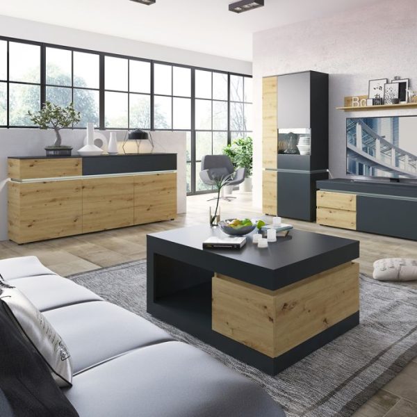 Luci 3 Door 2 Drawer Sideboard including LED lighting in Platinum and Oak | Bed Sava