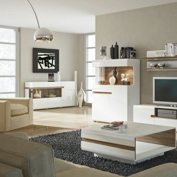 Chelsea Living 3 Door Glazed Sideboard in White with a Truffle Oak Trim | Bed Sava