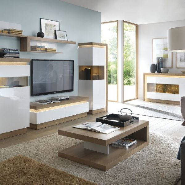 Lyon 2 Door 3 Drawer Sideboard in Riviera OakWhite High Gloss | Bed Sava