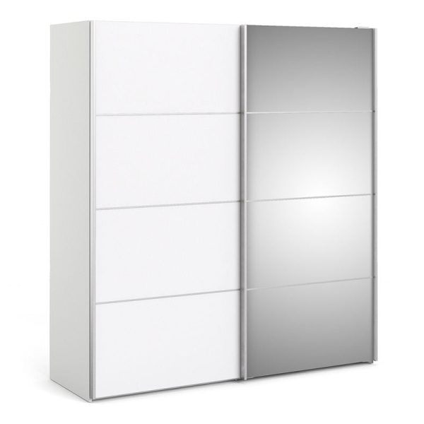 Verona Sliding Wardrobe 180cm in White with White and Mirror Doors with 2 Shelves | Bed Sava