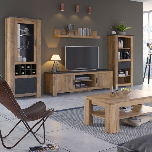 Rapallo 2 Door Display Cabinet with Wine Rack in Chestnut and Matera Grey | Bed Sava