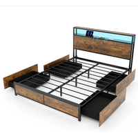 King Size Bed Frame with LED Lights Headboard - Black